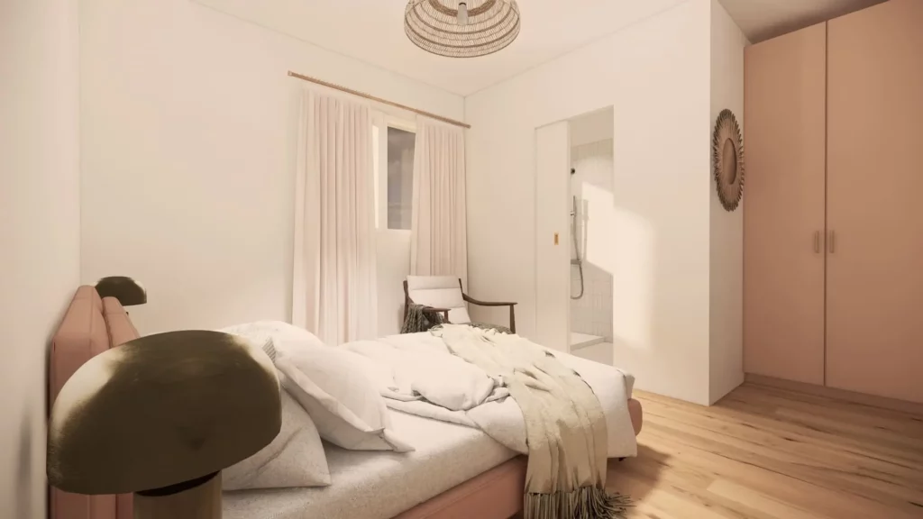Visualisation 3D d’une chambre lumineuse avec lit double, parquet en bois et salle de douche attenante.