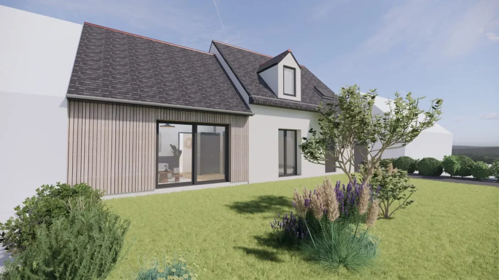 Projection 3D d’un projet d’extension avec façade en bardage vertical, grandes baies vitrées et jardin paysagé.