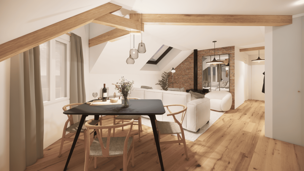 Plan visuel 3D d'un salon et salle à manger dans un appartement avec espace restreint