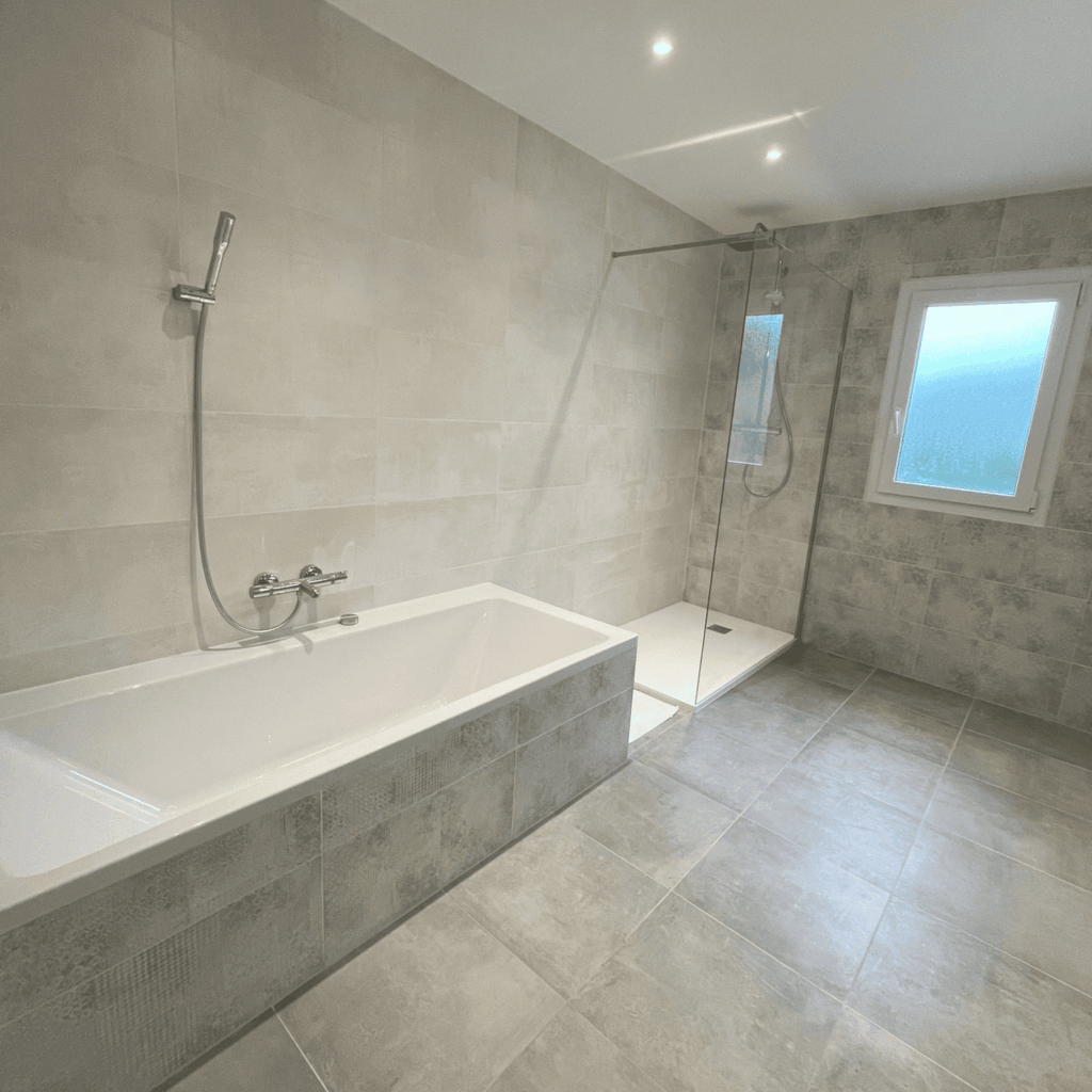 Salle de bain rénovée avec carrelage gris grand format, baignoire et douche à l’italienne.
