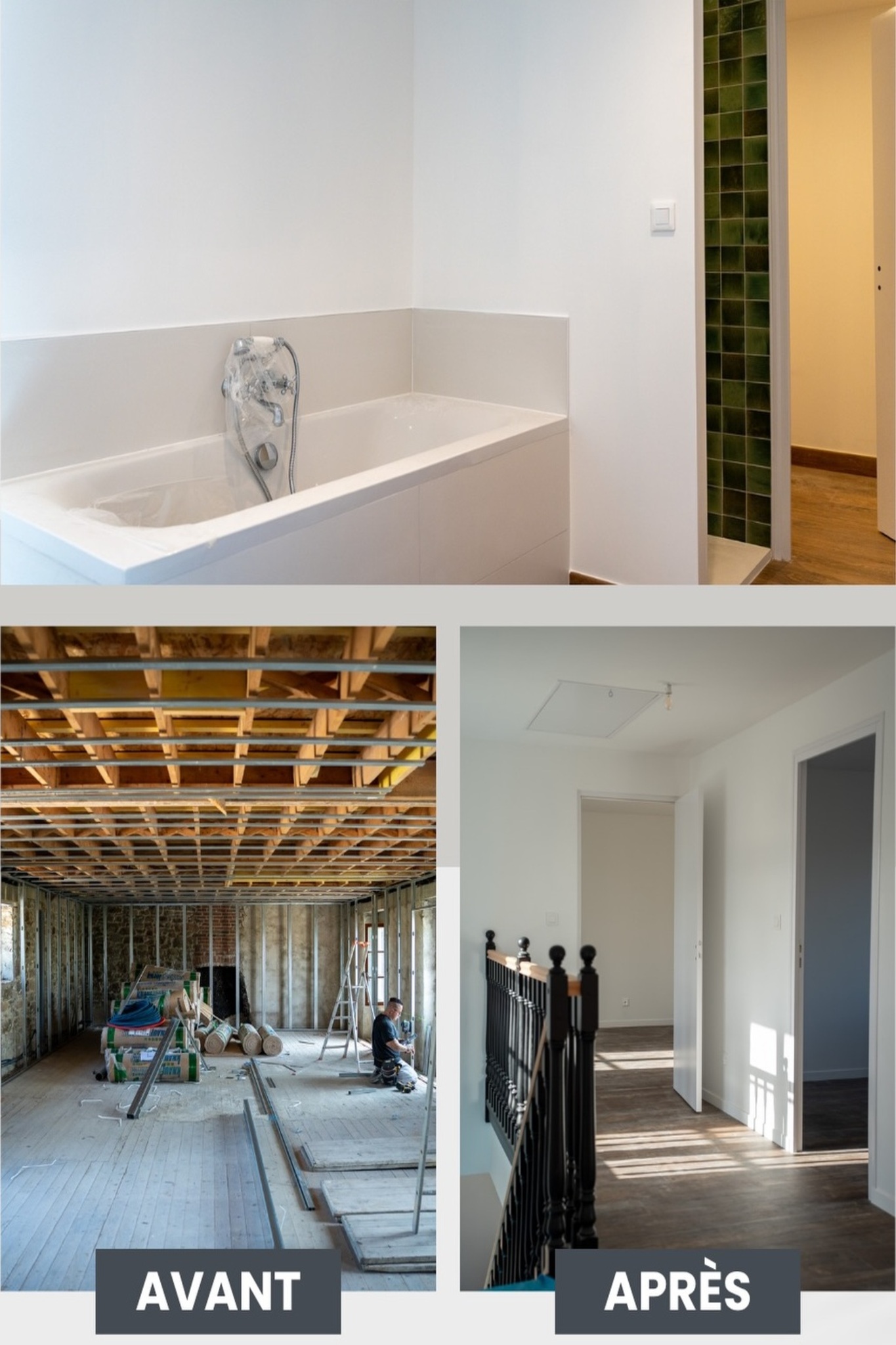 Montage avant/après montrant la rénovation d’un intérieur : chantier brut devenu espace lumineux et salle de bain moderne
