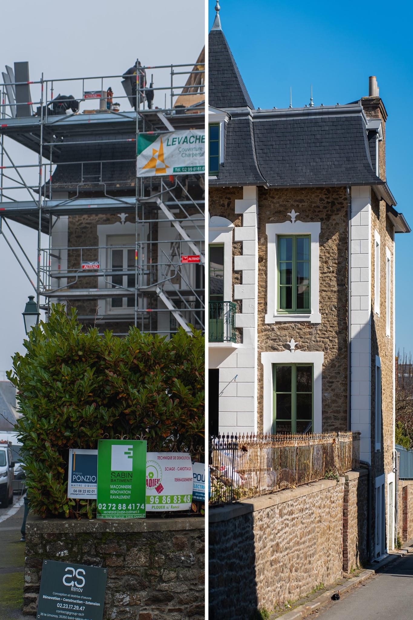 Façade en cours de rénovation avec échafaudage, d’une maison de caractère, avec pierre apparente, balcon et finitions soignées.